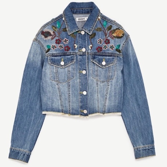 Zara Floral Sequin Cropped Denim Jean Jacket XS - Picture 2 of 8